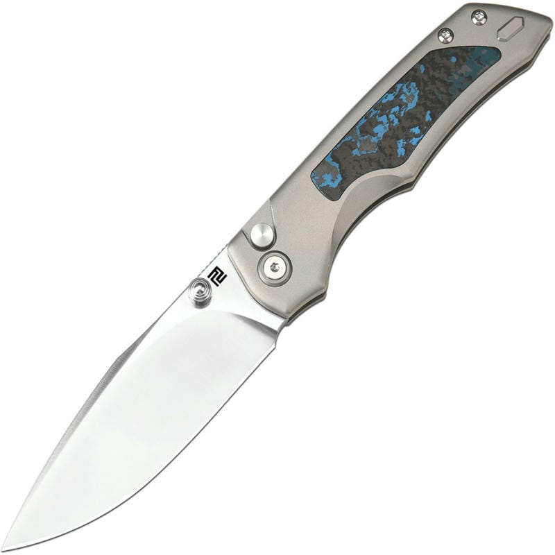 Artisan Cutlery Wizard Series The Sorcerer Folding Knife - 3.47" CPM-S90V Sand Polished DP Blade Titanium Handles with Arctic Storm FatCarbon Inlays