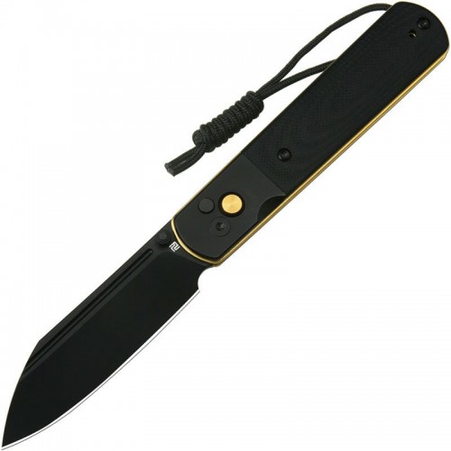 Artisan Cutlery Holm Button Lock Folding Knife - 3.1" AR-RPM9 Black Wharncliffe Blade Black G10 Handle