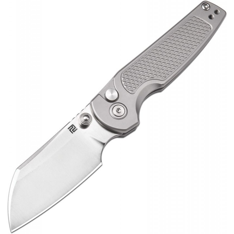 Artisan Cutlery Cleo Button Lock Folding Knife - 2.54" CPM-S90V Modified Wharncliffe Blade Textured Grey Titanium Handle