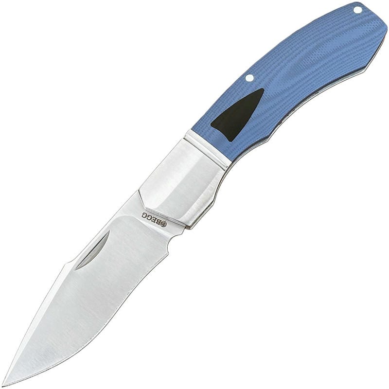 Begg Traditional Recurve Large 2.87" 14C28N Satin Recurve Harpoon Blade, Blue G10 Handle