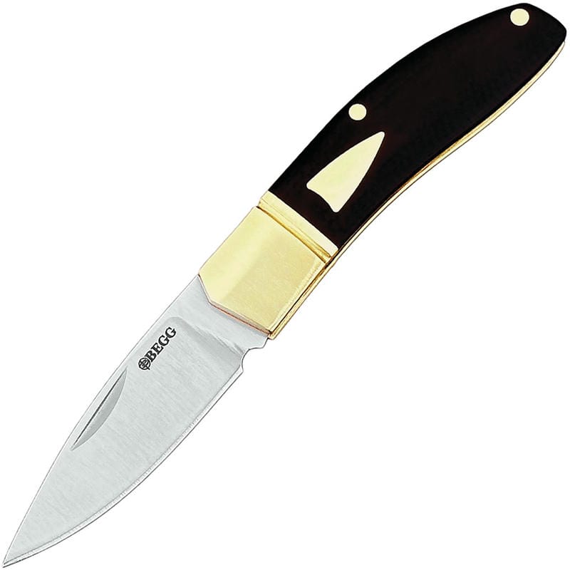 Begg Knives UK EDC Traditional Small Drop Point Folding Pocket Knife - 2.375" Blade Black G10 Handle Brass Bolsters