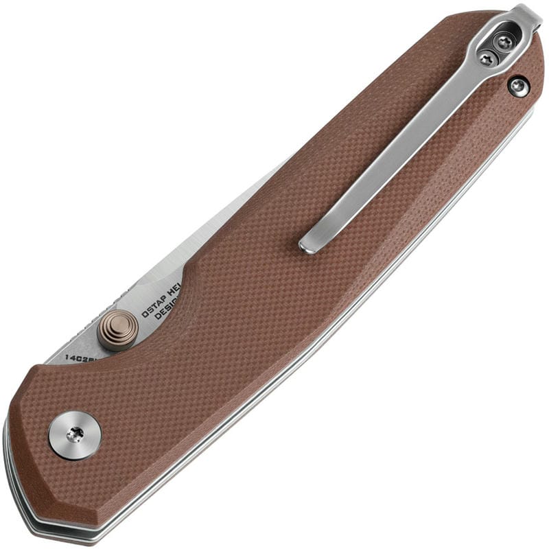 Bestechman Velix Button Lock Folding Knife - 3.32" 14C28N Drop Point Blade Brown G10 Handle