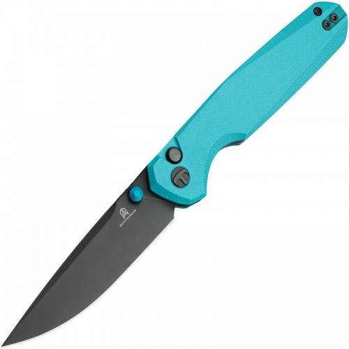 Bestechman Velix Button Lock Folding Knife - 3.32" Gray PVD 14C28N Drop Point Blade Tiffany Blue G10 Handle