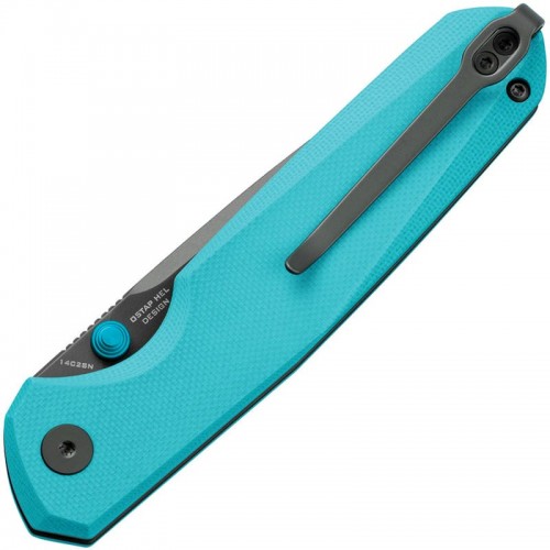 Bestechman Velix Button Lock Folding Knife - 3.32" Gray PVD 14C28N Drop Point Blade Tiffany Blue G10 Handle