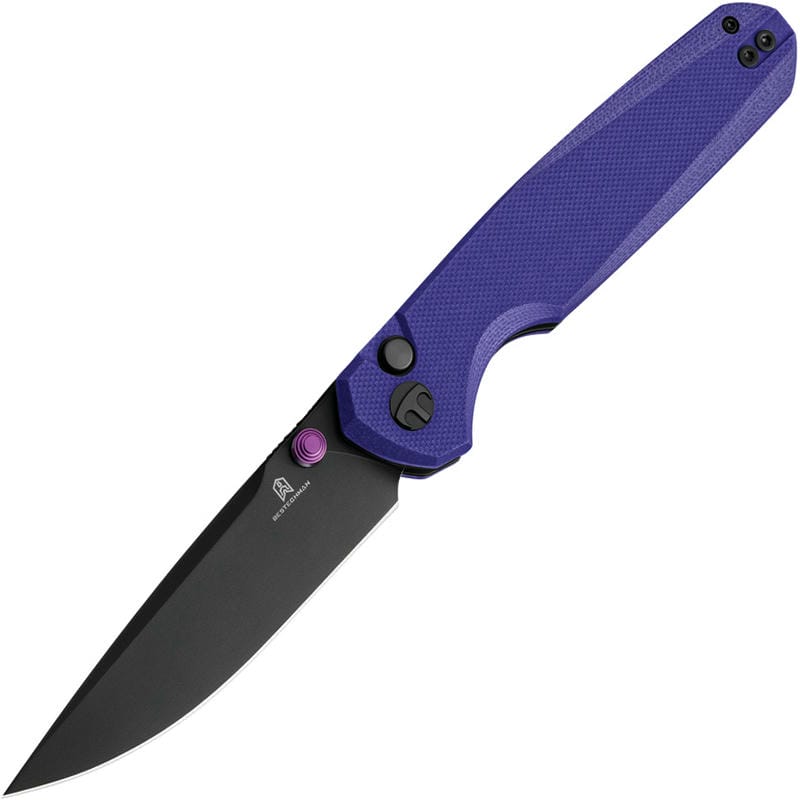 Bestechman Velix Button Lock Folding Knife - 3.32" Black PVD 14C28N Drop Point Blade Purple G10 Handle
