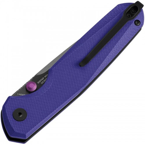 Bestechman Velix Button Lock Folding Knife - 3.32" Black PVD 14C28N Drop Point Blade Purple G10 Handle