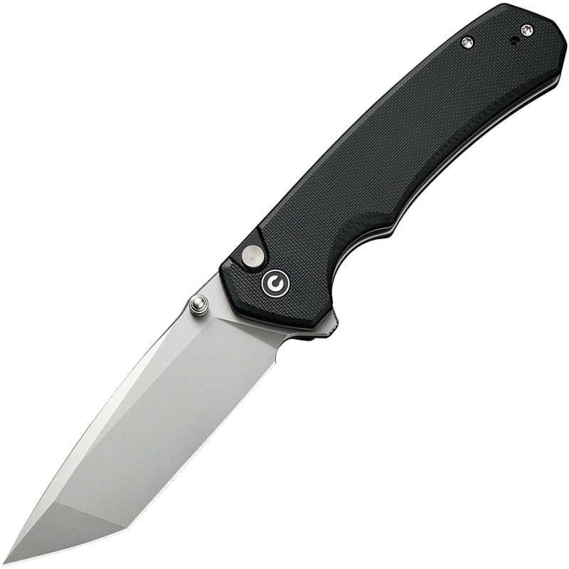 CIVIVI Brazen Button Lock Folding Knife - 3.46" 14C28N Stonewashed Tanto Blade Black G10 Handle
