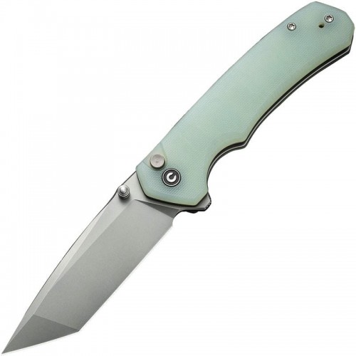 CIVIVI Brazen Button Lock Folding Knife - 3.46" 14C28N Stonewashed Tanto Blade Jade G10 Handle