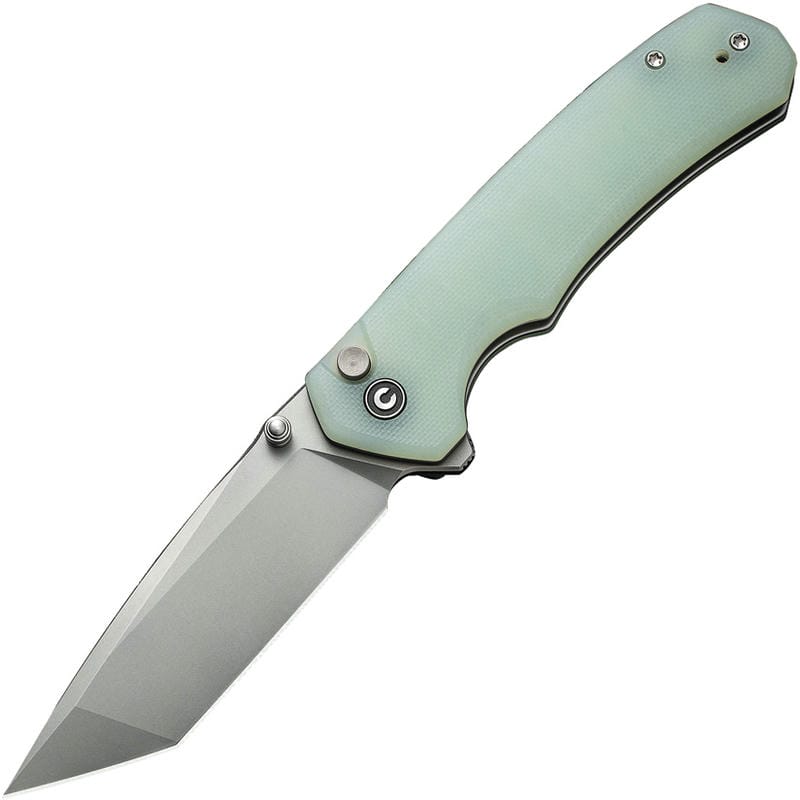 CIVIVI Brazen Button Lock Folding Knife - 3.46" 14C28N Stonewashed Tanto Blade Jade G10 Handle