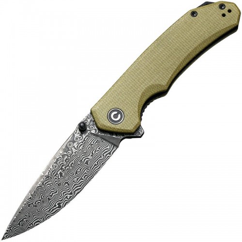CIVIVI Brazen Liner Lock Folding Knife - 3.46" Damascus Drop Point Blade OD Green Micarta Handle