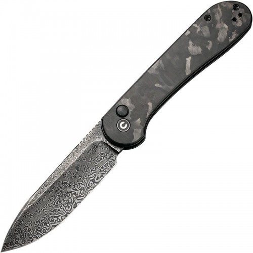 CIVIVI Elementum Button Lock Folding Knife - 3.47" Damascus Black Hand Rubbed Blade Marble Carbon Fiber Handle