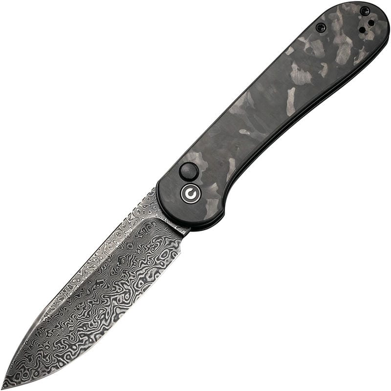 CIVIVI Elementum Button Lock Folding Knife - 3.47" Damascus Black Hand Rubbed Blade Marble Carbon Fiber Handle
