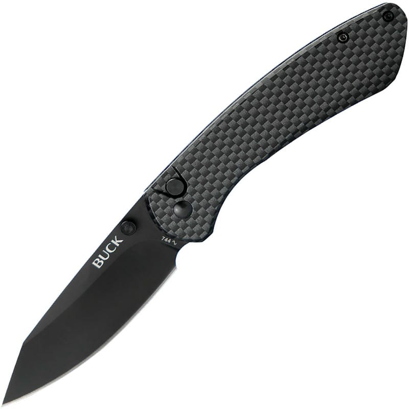 Buck 744 Sovereign Button Lock Folding Knife - 3.22" Black TiNi CP Blade Carbon Fiber Handle
