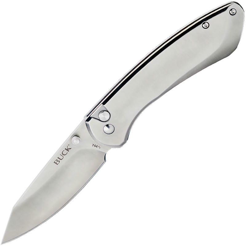 Buck 744 Sovereign Button Lock Folding Knife - 3.22" Stonewashed Blade, Stainless Steel Handle