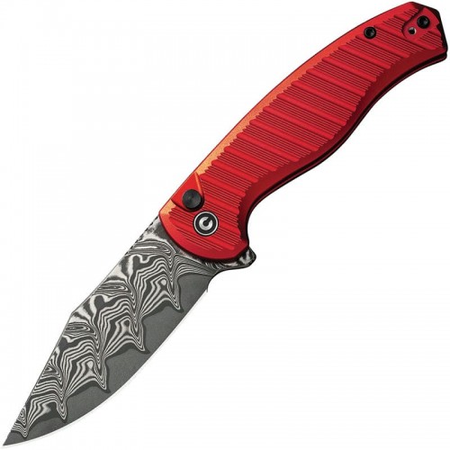 CIVIVI Stormhowl Button Lock Knife - 3.3" Damascus CP Blade Red Aluminum Handle