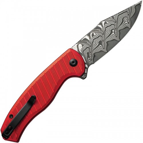CIVIVI Stormhowl Button Lock Knife - 3.3" Damascus CP Blade Red Aluminum Handle