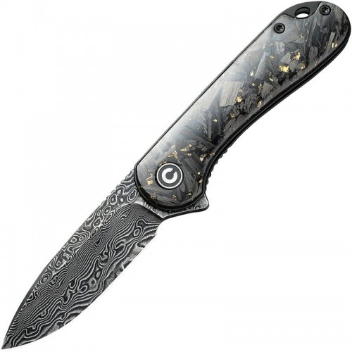 CIVIVI Knives Elementum Knife - 2.96" Damascus Blade Contoured Gold Shred CF Handle