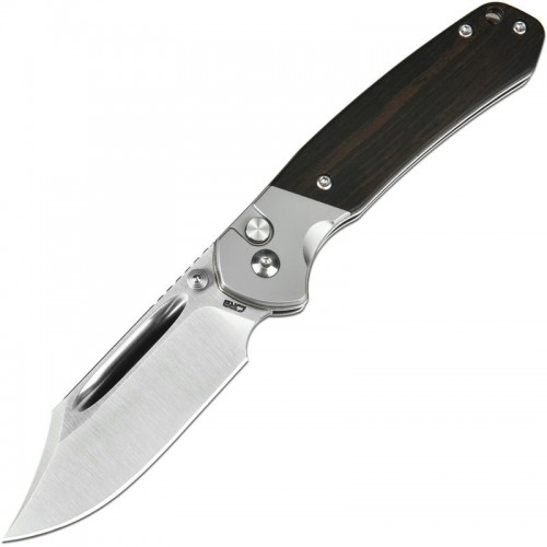 CJRB Pyrite Button Lock Folding Knife - 3.05" AR-RPM9 Stain Finish Bowie Blade Ebony Wood Handle