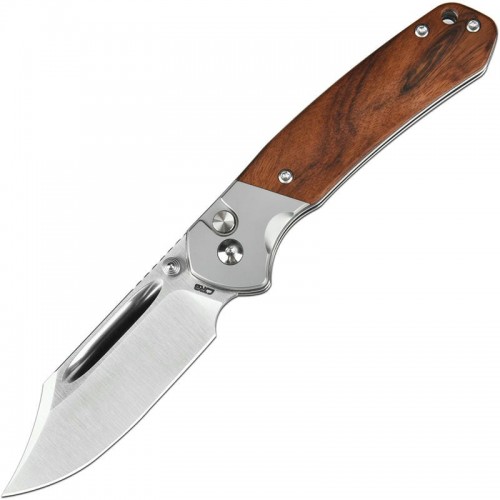 CJRB Pyrite Button Lock Folding Knife - 3.05" AR-RPM9 Sand Polished Bowie Blade Rosewood Handle