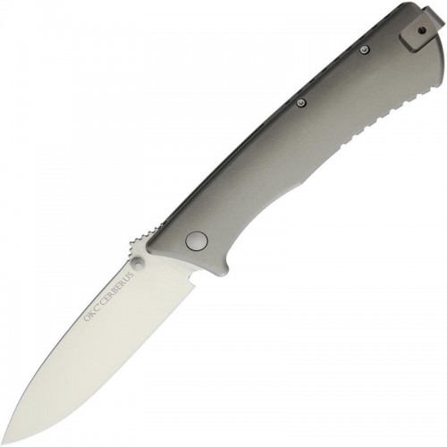 Ontario Cerberus Folding Knife - 3.75" D2 Satin Plain Blade Gray Titanium Handle