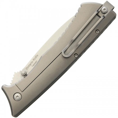 Ontario Cerberus Folding Knife - 3.75" D2 Satin Plain Blade Gray Titanium Handle