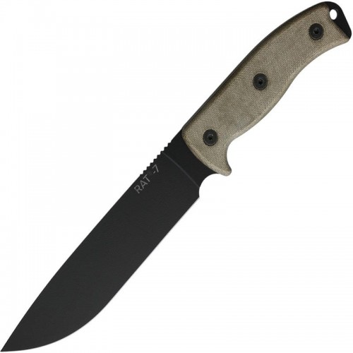 Ontario RAT-7 US Military Issue Bushcraft Knife - 7" Carbon Steel Plain Blade, Micarta Handle, Nylon Sheath