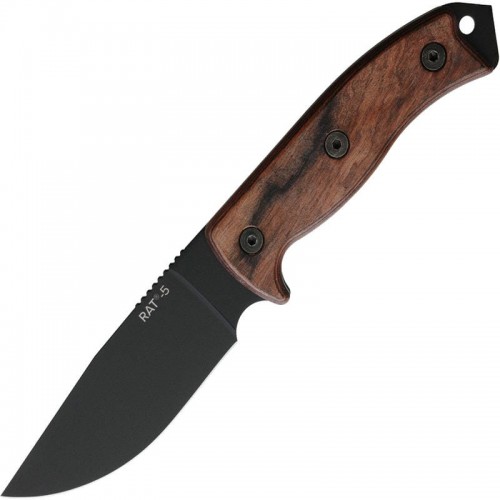 Ontario RAT-5 Adventurer Bushcraft Knife - 5" Black Carbon Steel Blade Wood Handle