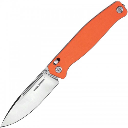 Real Steel Huginn Slide Lock Folding Knife - 3.66" VG-10 Satin DP Blade Orange G10 Handle Crossbar Lock