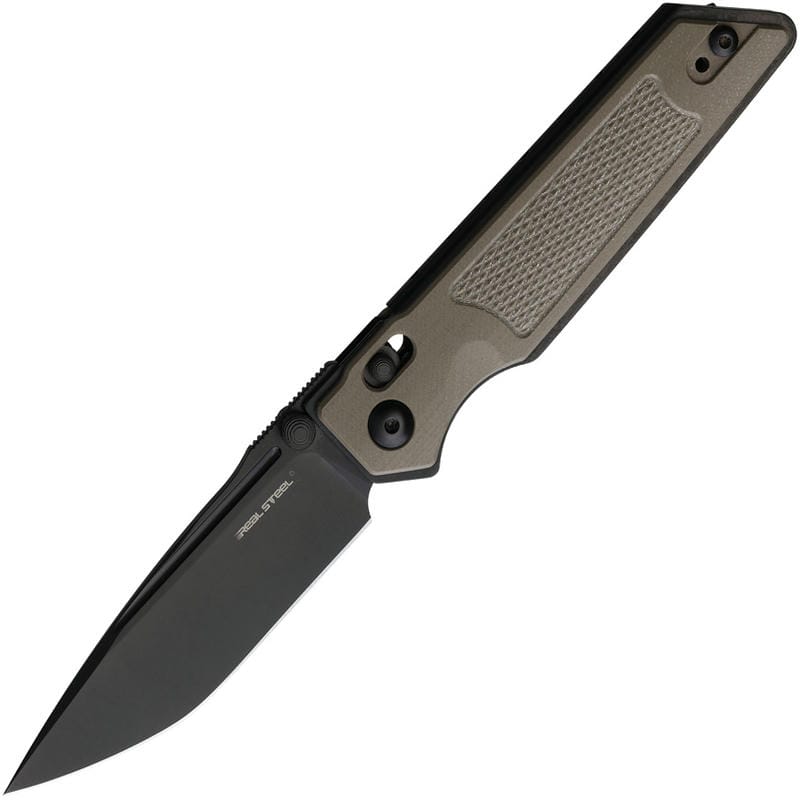 Real Steel Sacra TAC Slide Lock Folding Knife - 3.25" K110 Black Modified DP Blade Textured Tan G10 Handle