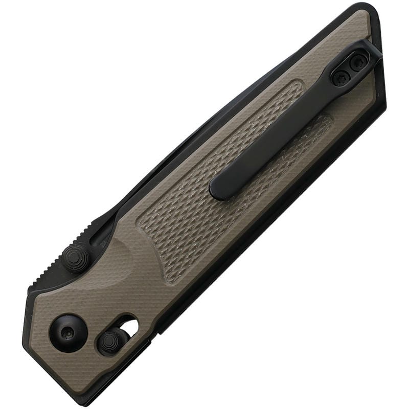 Real Steel Sacra TAC Slide Lock Folding Knife - 3.25" K110 Black Modified DP Blade Textured Tan G10 Handle