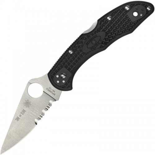 Spyderco Delica 4 Lightweight Thin Red Line Folding Knife - 2.9" VG10 Stainless Steel Part Serrated Blade Black Handle