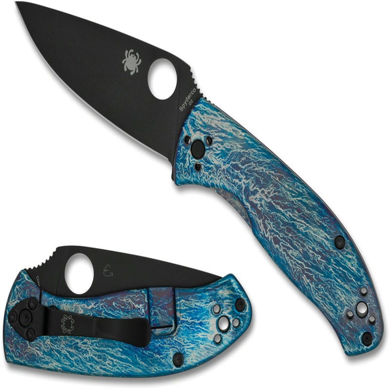 Spyderco Tenacious Folding Knife - 3.35" D2 Black Plain Blade Blue Titanium Handles