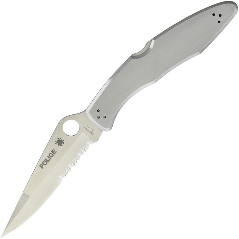 Spyderco Police Part Serrated Folding Knife - 4.125" VG10 Satin Blade Stainless Steel Handle