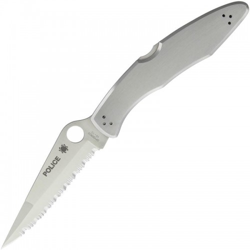 Spyderco Police Serrated Folding Knife - 4.125" VG10 Satin Blade Stainless Steel Handle