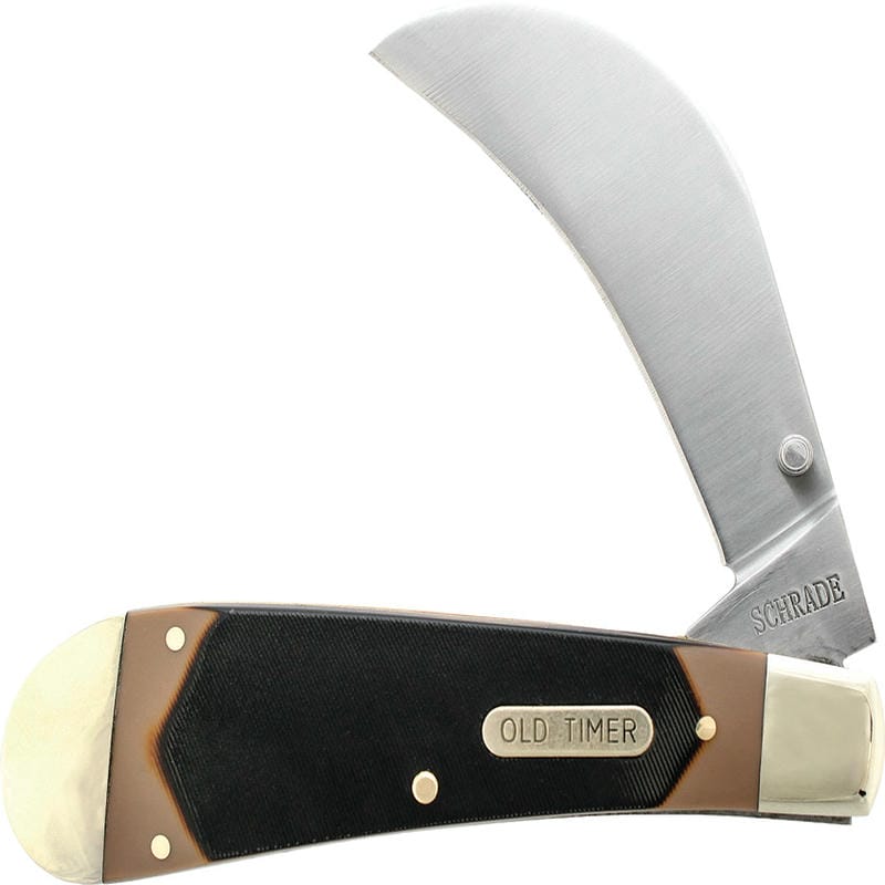 Schrade 216OT Old Timer Pruner - 3" Satin Hawkbill Blade, Sawcut Delrin Handles with Nickel Bolsters