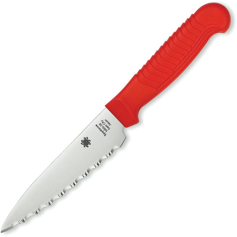 Spyderco Kitchen Utility Knife - 4.5" Serrated Blade Red Polypropylene Handle