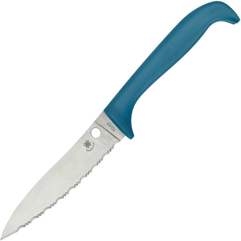Spyderco Counter Puppy Kitchen Knife - 3.46" 7Cr17 Serrated Blade Blue Plastic Handle