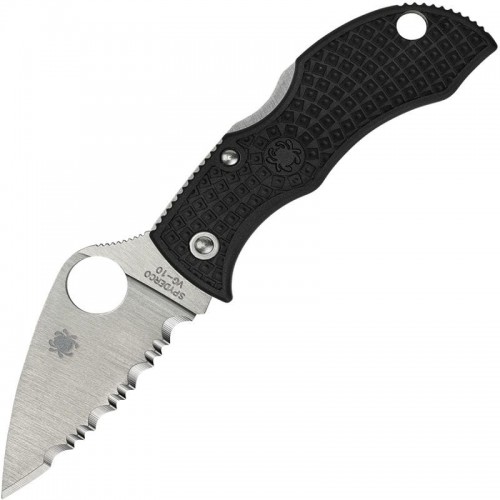 Spyderco Manbug Folding Knife - 1.9" VG10 Satin Leaf Shaped Serrated Blade, Black FRN Handle