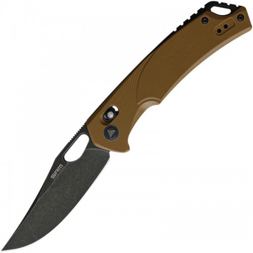 SRM Knives 9201-GW Folding Knife - 3.54" D2 Black Blade Brown G10 Handle Crossbar Lock