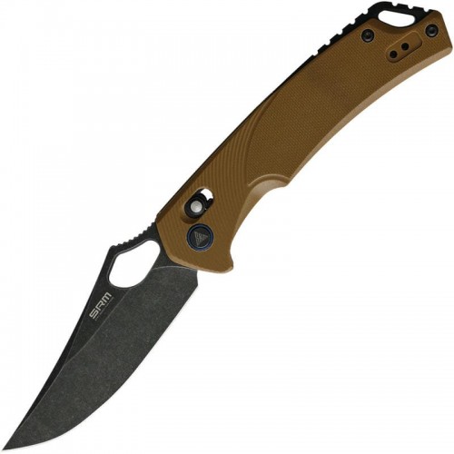 SRM Knives 9202-GW Folding Knife - 3.54" D2 Black Stonewashed Trailing Point Blade Brown G10 Handle Crossbar Lock