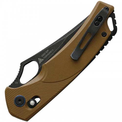 SRM Knives 9202-GW Folding Knife - 3.54" D2 Black Stonewashed Trailing Point Blade Brown G10 Handle Crossbar Lock
