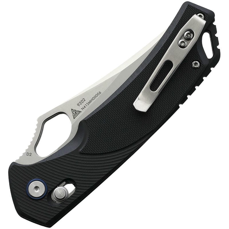 SRM Knives 9202 Folding Knife - 3.54" D2 Trailing Point Blade Black G10 Handle Crossbar Lock