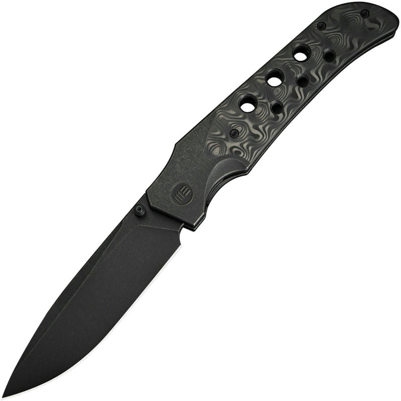 We Knife Company Guthrie Bolster Lock Knife - 3.94" CPM-20CV Black Stonewashed DP Blade Black Bolstered Titanium Handle with Rose Carbon Fiber Scales