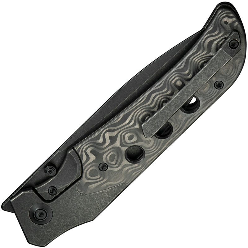 We Knife Company Guthrie Bolster Lock Knife - 3.94" CPM-20CV Black Stonewashed DP Blade Black Bolstered Titanium Handle with Rose Carbon Fiber Scales