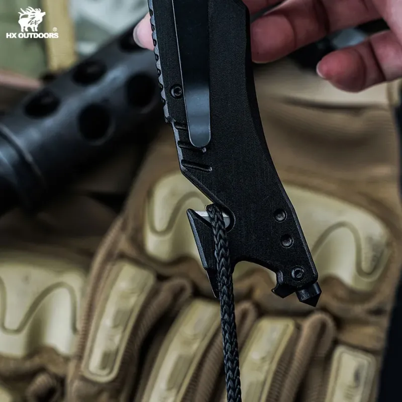 HX Outdoors Infantry Pocket Knife - 3.3" Black Coated Blade G10 Aluminium Handle with Glass Breaker Strap Cutter Cyclaire Knives and Tools