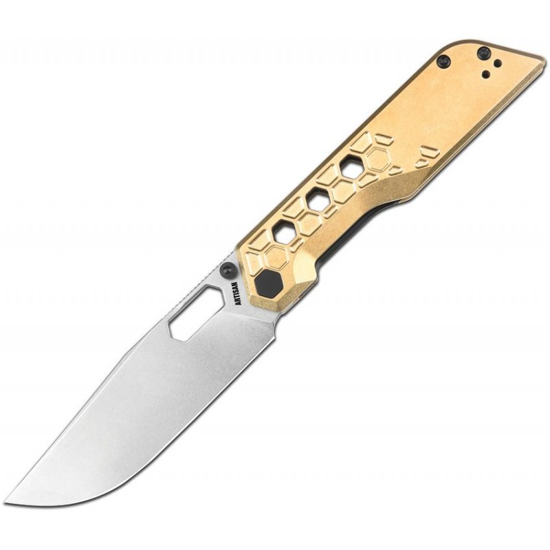 Artisan Cutlery Beest Folding Knife - 3.65" AR-RPM9 Stonewashed DP Blade Milled Brass Handle
