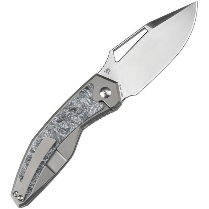 Artisan Cutlery Fragarach Folding Knife - 3.72" S90V Polished Blade Milled Titanium Handle with Polar Dark Matter FatCarbon Inlays