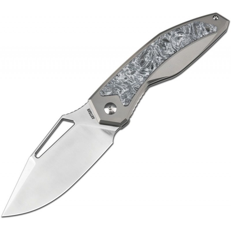 Artisan Cutlery Fragarach Folding Knife - 3.72" S90V Polished Blade Milled Titanium Handle with Polar Dark Matter FatCarbon Inlays