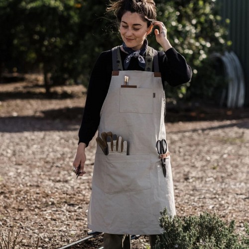 Barebones Living High Quality Canvas and Leather Chef Grilling Apron Stone