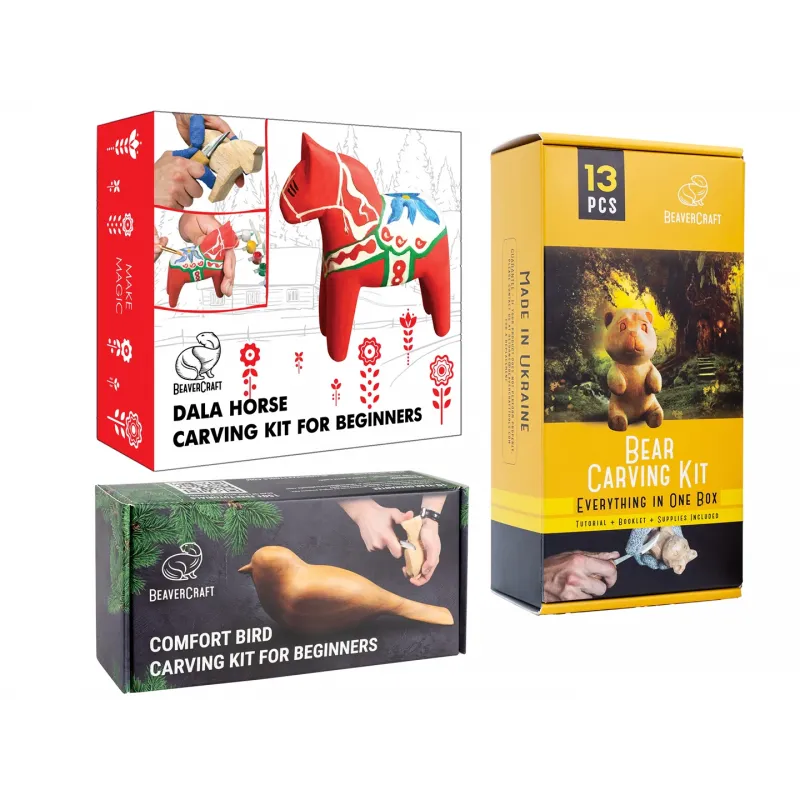 BeaverCraft Animal Friends Set - Dala Horse, Comfort Bird and Bear Carving Kit